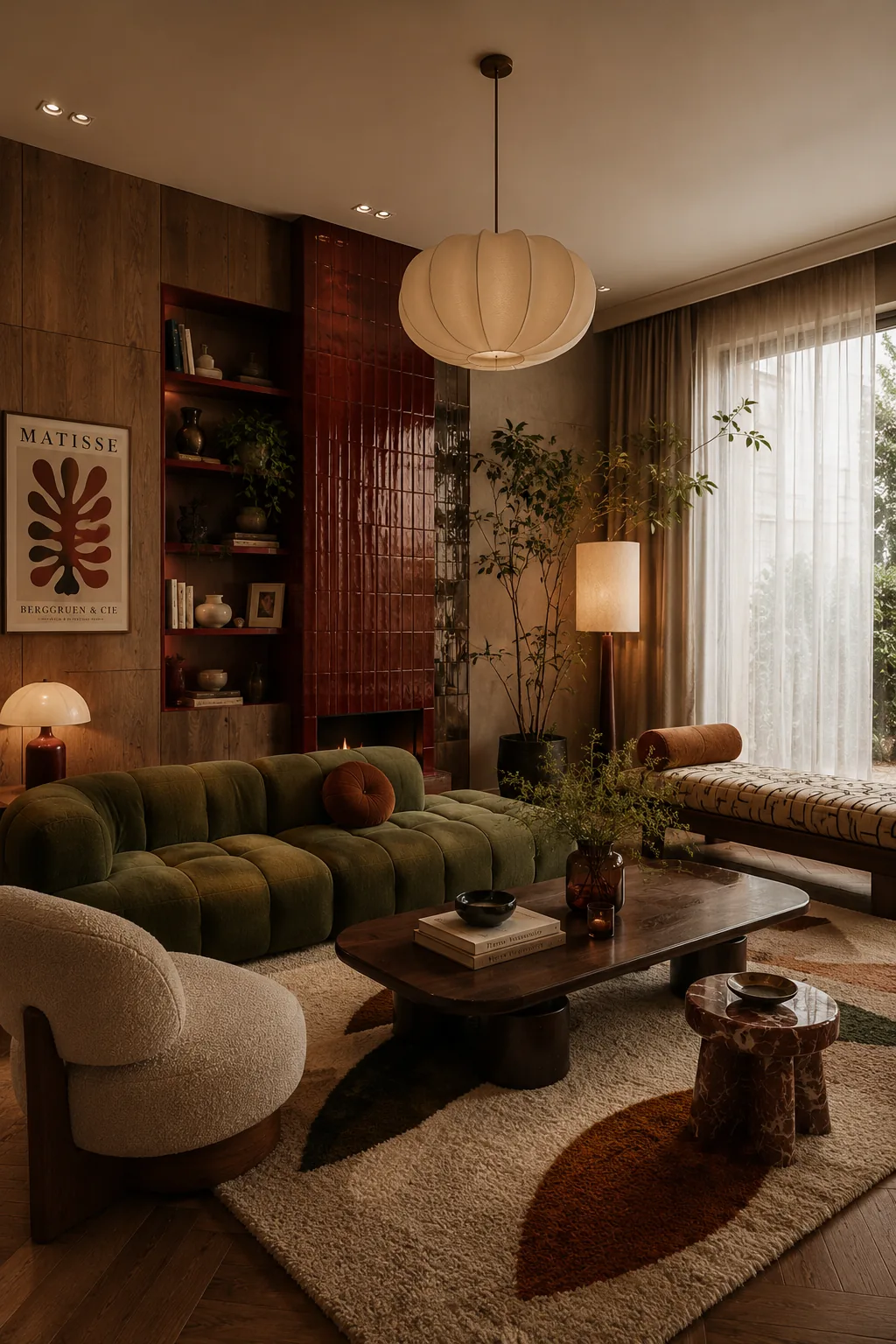 Warm living room by Marevia with olive green sofa, glossy red tile fireplace, walnut coffee table and paper pendant light