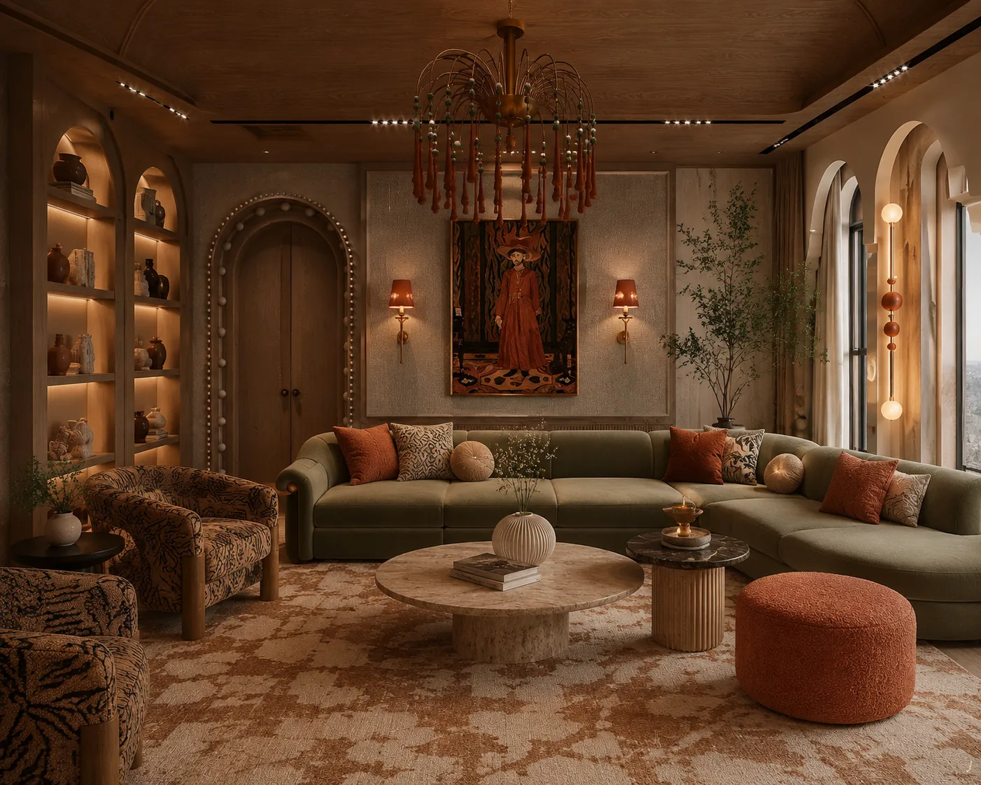 Contemporary Arabic majlis with olive green sectional, patterned armchairs, arched doorway, wood ceiling and beaded chandelier