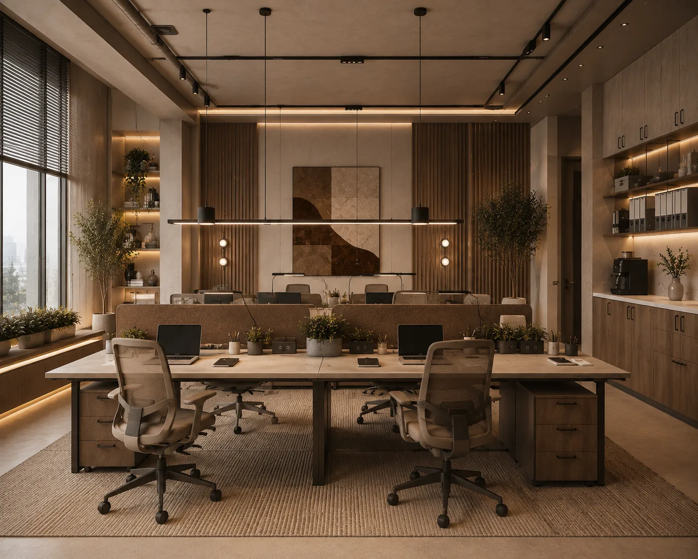 Commercial workspace with shared oak desks, ergonomic chairs, slatted wood walls, greenery and linear pendant lighting