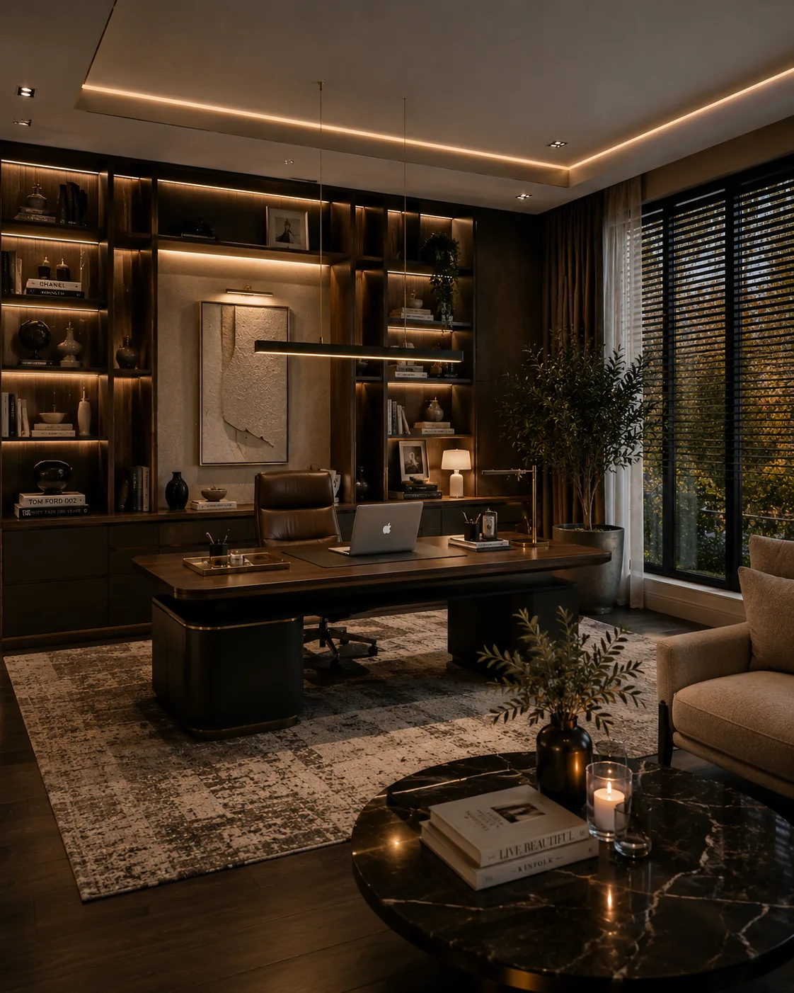 Executive home office by Marevia with dark wood desk, backlit shelving and marble side table