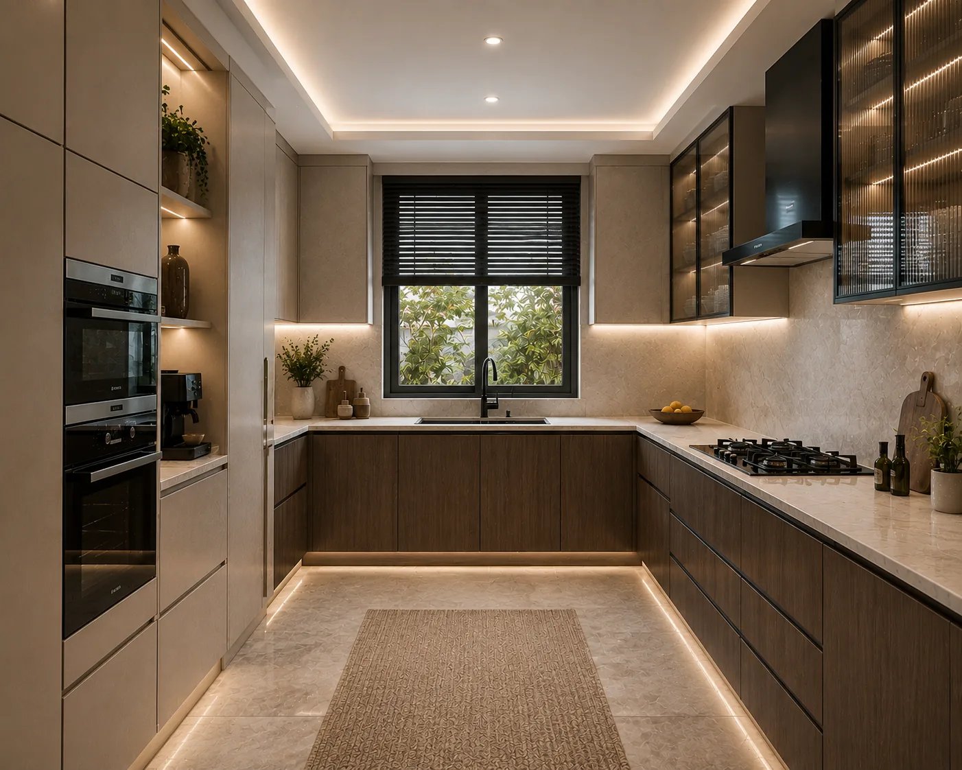 U-shaped kitchen with dark walnut cabinetry, beige stone worktops, fluted glass cabinets and warm under-cabinet lighting