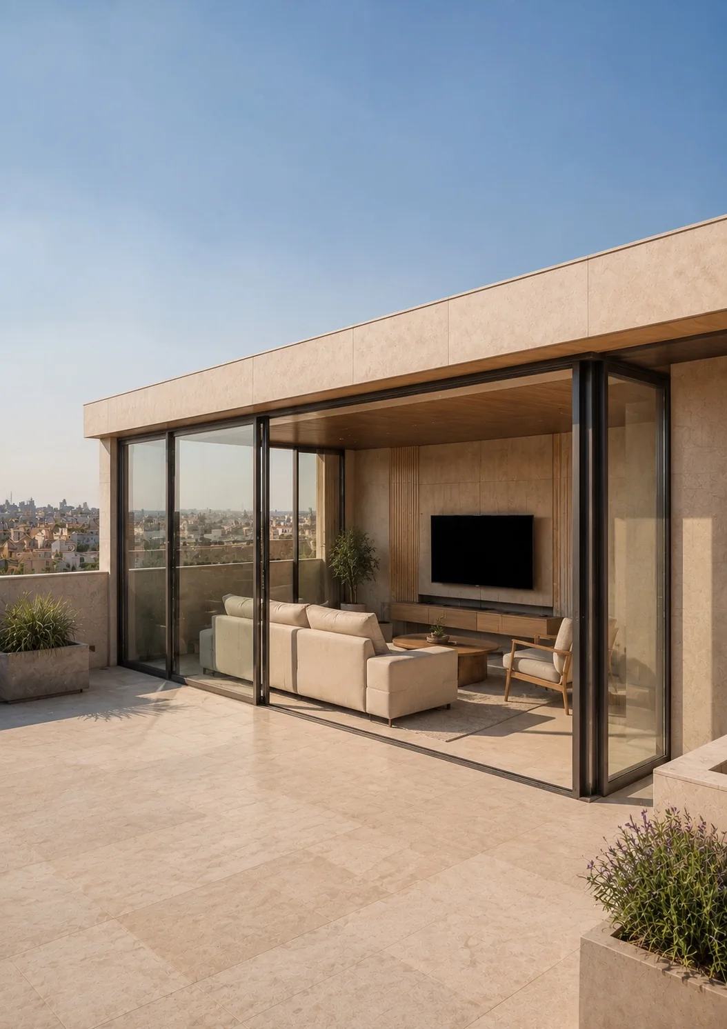 Daylight glass extension room on a terrace with sliding glazed panels and beige stone flooring