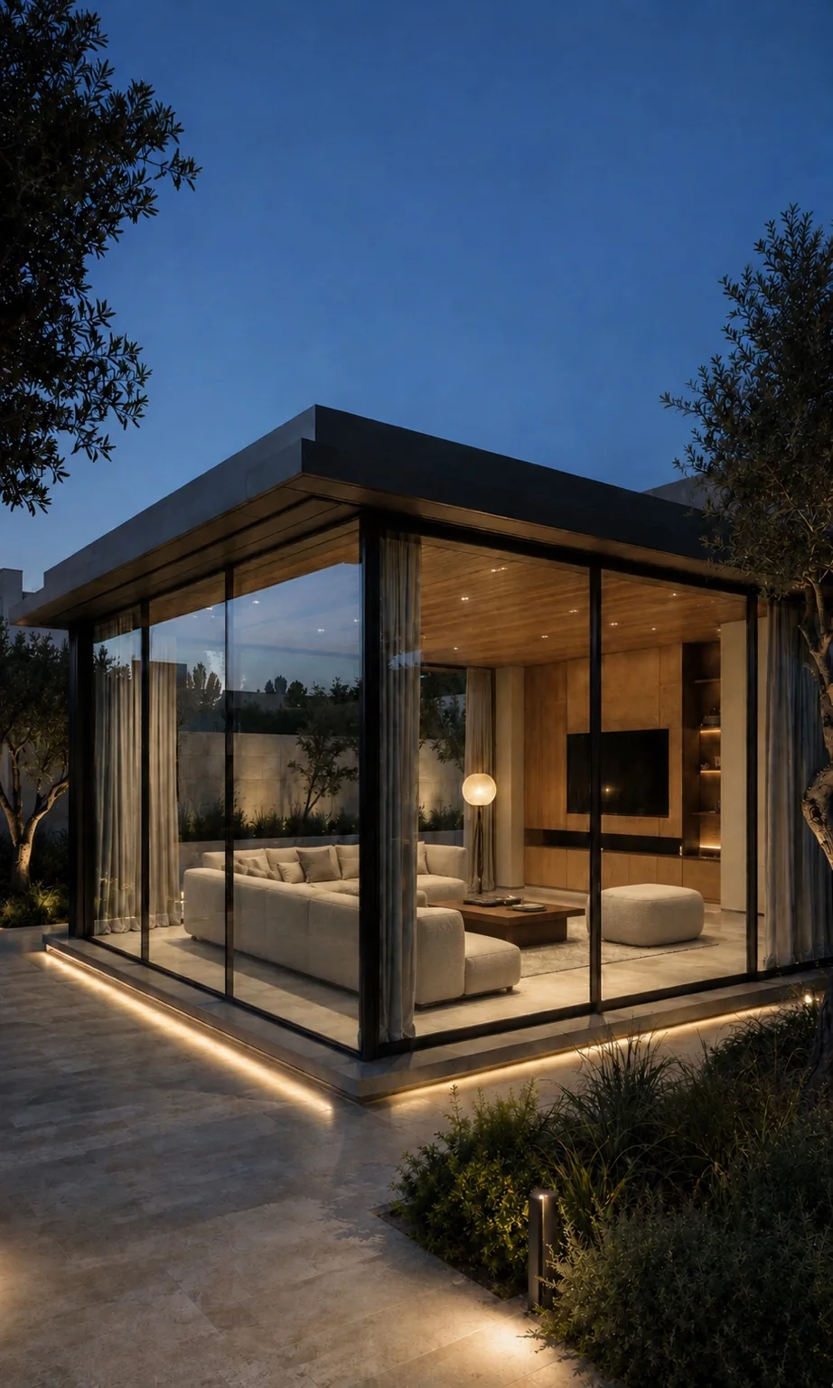 Glass living room extension at dusk with black-framed glazing, warm interior lighting and landscaped surroundings