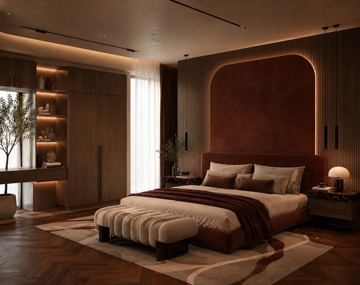 Luxury bedroom with arched burgundy velvet headboard, backlit wood panelling, channel-tufted bench and herringbone floor