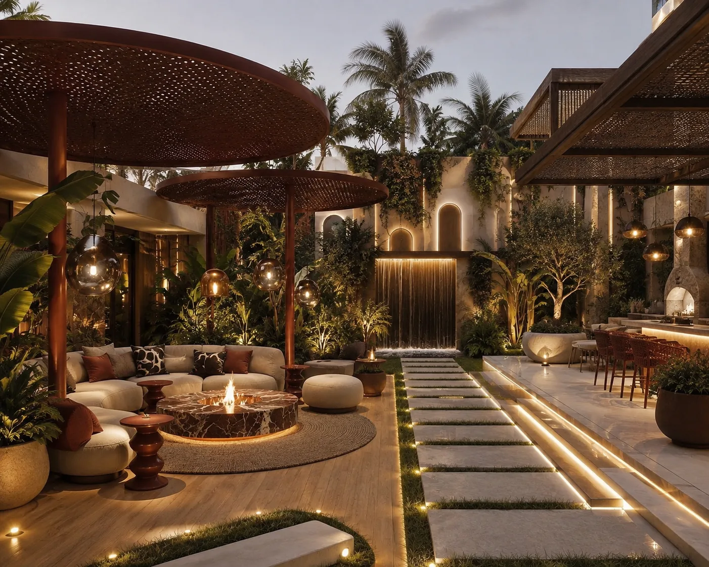 Outdoor courtyard at dusk with perforated canopies, sunken fire-pit lounge, water feature and illuminated stone pathway