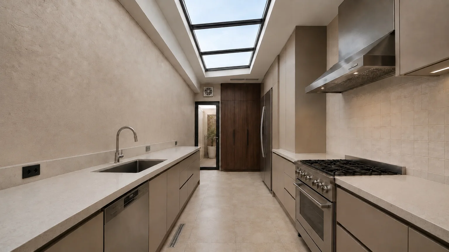 Galley kitchen with a long rectangular glass skylight bringing daylight over the stone worktops