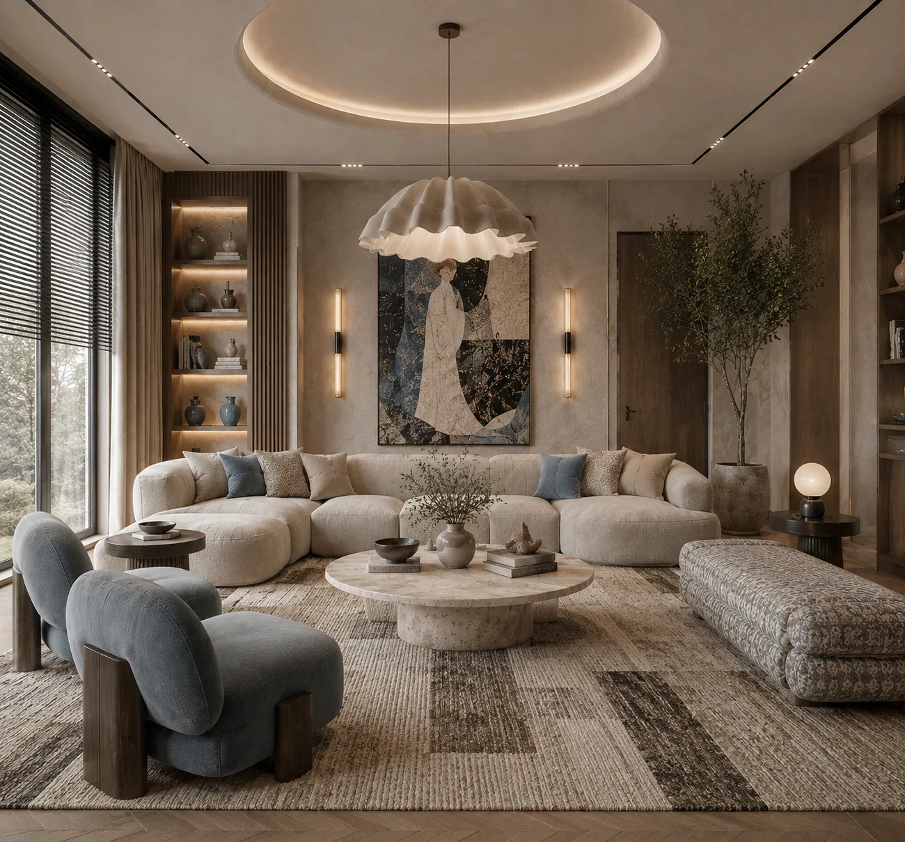 Soft neutral living room with modular cream sofa, powder-blue armchairs, travertine coffee table and sculptural pendant
