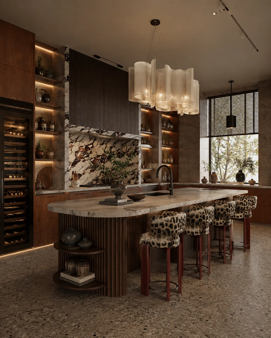 Statement kitchen with dramatic veined marble island and backsplash, fluted wood base, wine cabinet and patterned bar stools