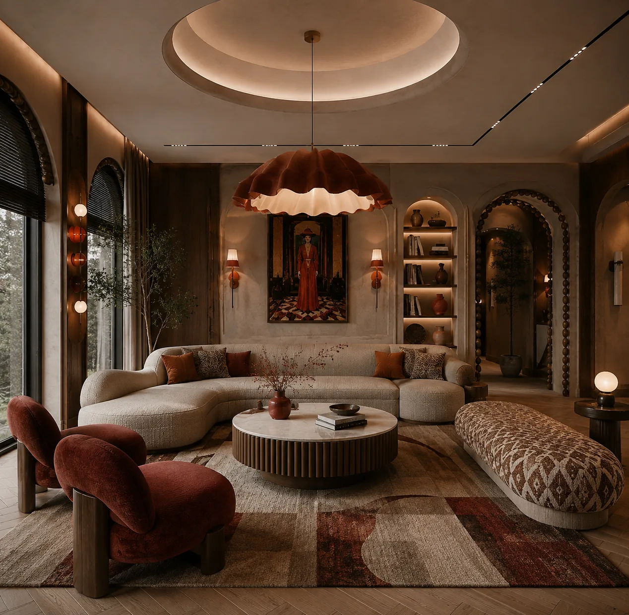 Terracotta lounge with domed ceiling, scalloped pendant light, cream curved sofa and burgundy armchairs