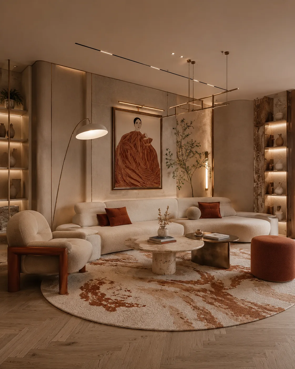 Warm modern living room with cream boucle sofas, terracotta cushions, brass arc floor lamp and framed artwork